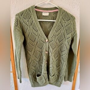 Green Knit Sweater with V-Neck